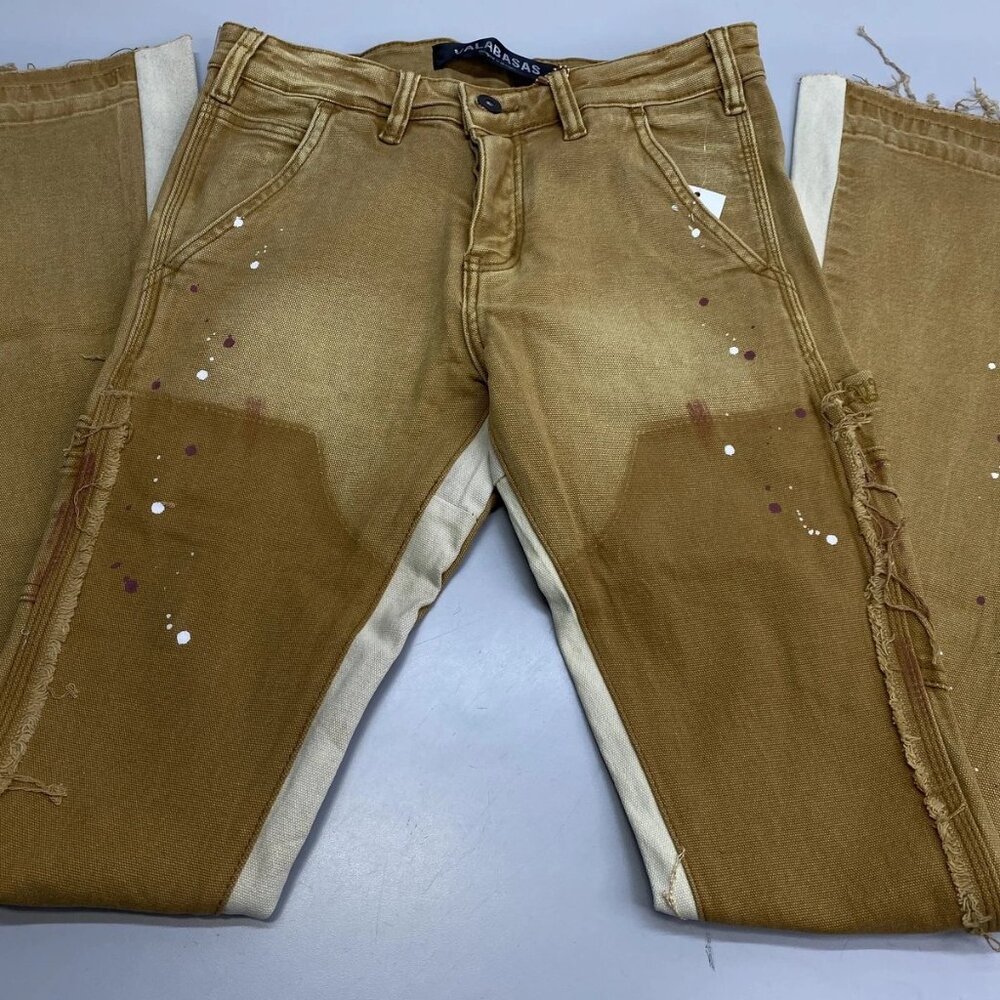 NEW VALABASAS Alpha Cahi Stacked Flare Distressed Jeans Beige/Brown Size 30